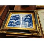 Black and Gold Gilt framed Blue and white Chinese plaque