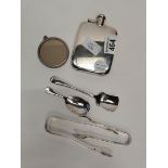 Silver items including hipflask, sugar tongs,