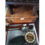 Miniature work box, wooden piece, barometer and 2 x antique clocks (A/F)