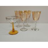 x4 Vintage Amber wine glasses with twisted stems plus one other