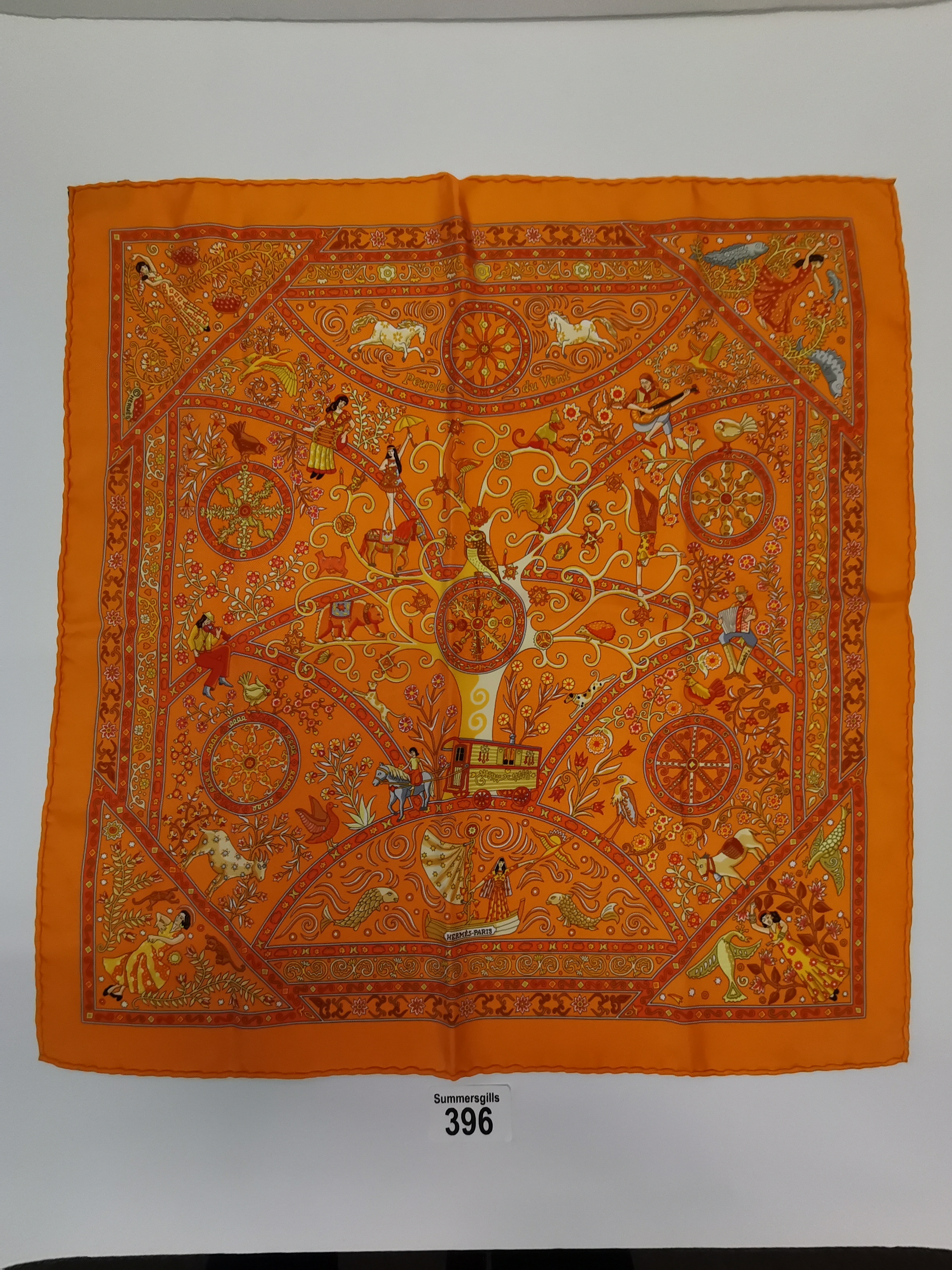 x2 Genuine Hermes 100% silk pocket square, Peuple de Vent in orange plus