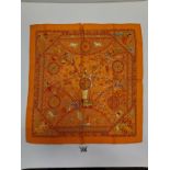 x2 Genuine Hermes 100% silk pocket square, Peuple de Vent in orange plus