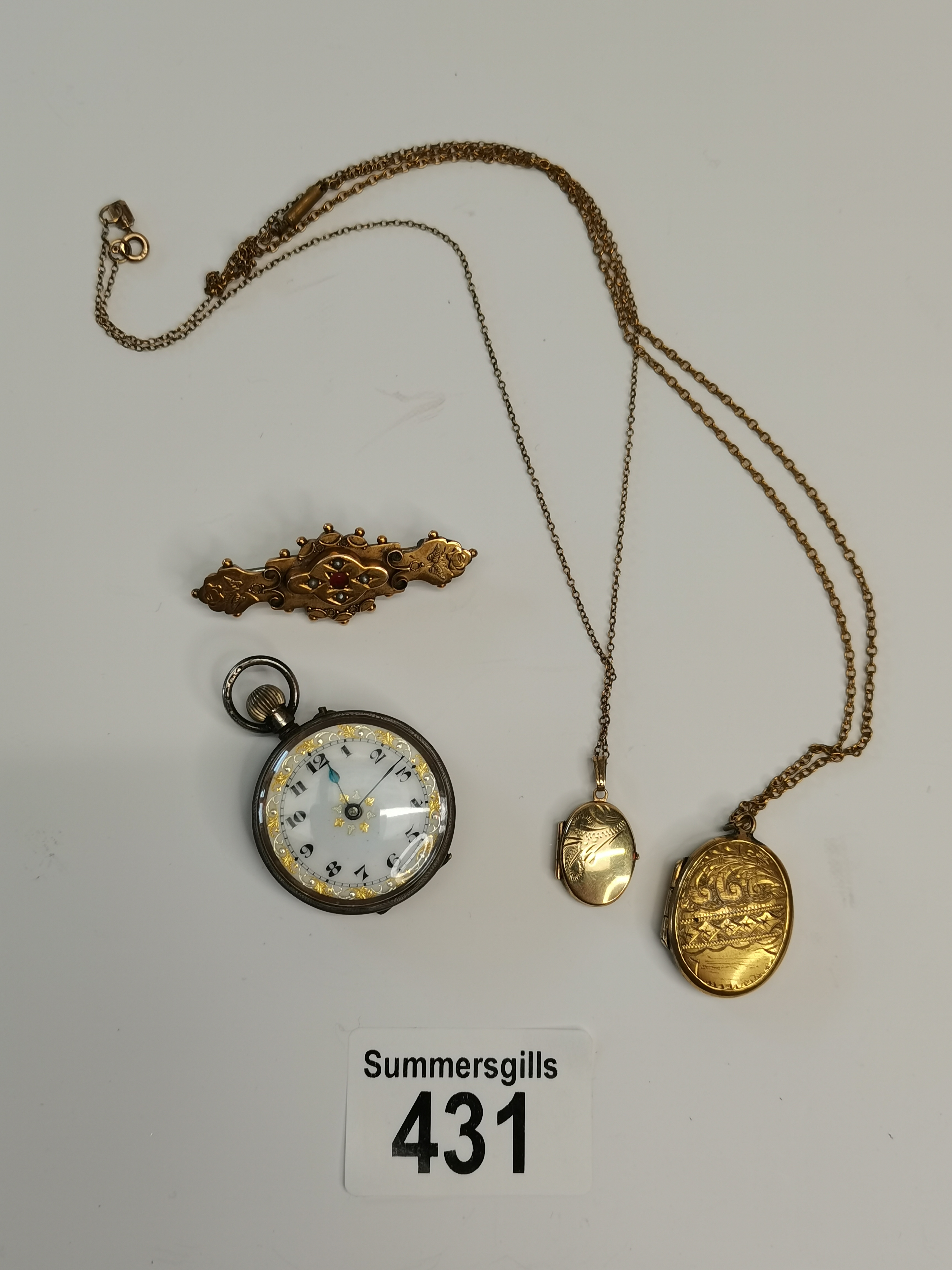 x2 gold lockets, gold brooch and small ladies pock