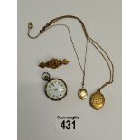 x2 gold lockets, gold brooch and small ladies pock