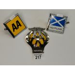 2 x AA car badges and Flag of Scotland car badge