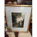 Signed watercolour of girl in forest