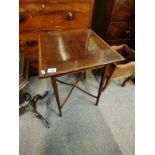 Mahogany side table with inlay. Small brass presentation plate on side. Condition good 45cm