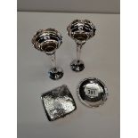 A pair of Silver flower vases, Silver trinket bowl and a Silver cigarette case.