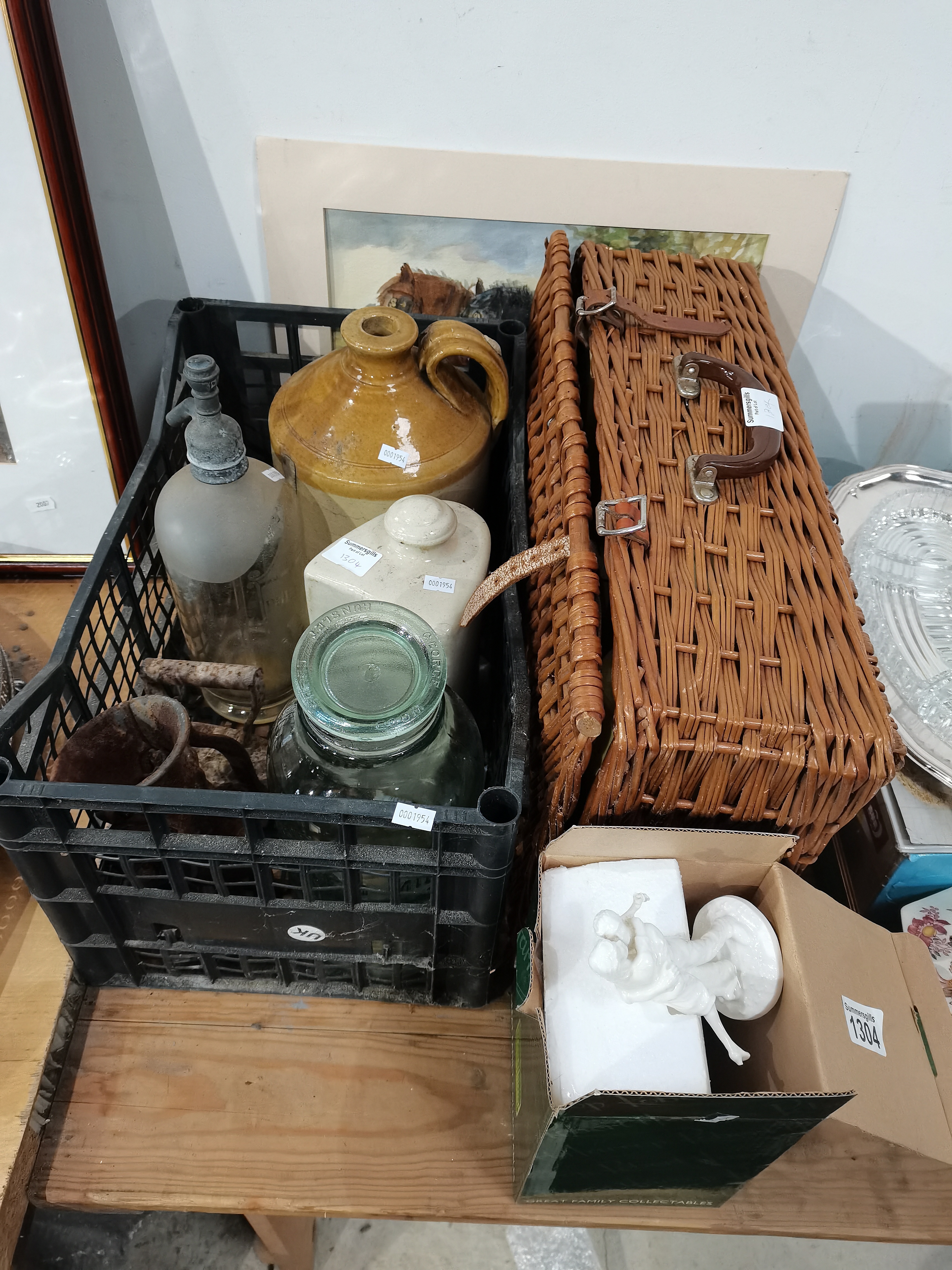 A Vintage Picnic Set in Basket/Hamper, 2 Ornament Figures and a Box Containing Stoneware and Glass