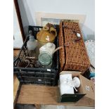 A Vintage Picnic Set in Basket/Hamper, 2 Ornament Figures and a Box Containing Stoneware and Glass