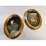 x2 oval paintings by EGO 1986 & 87 of field mouse and weasel 30cm x 15cm