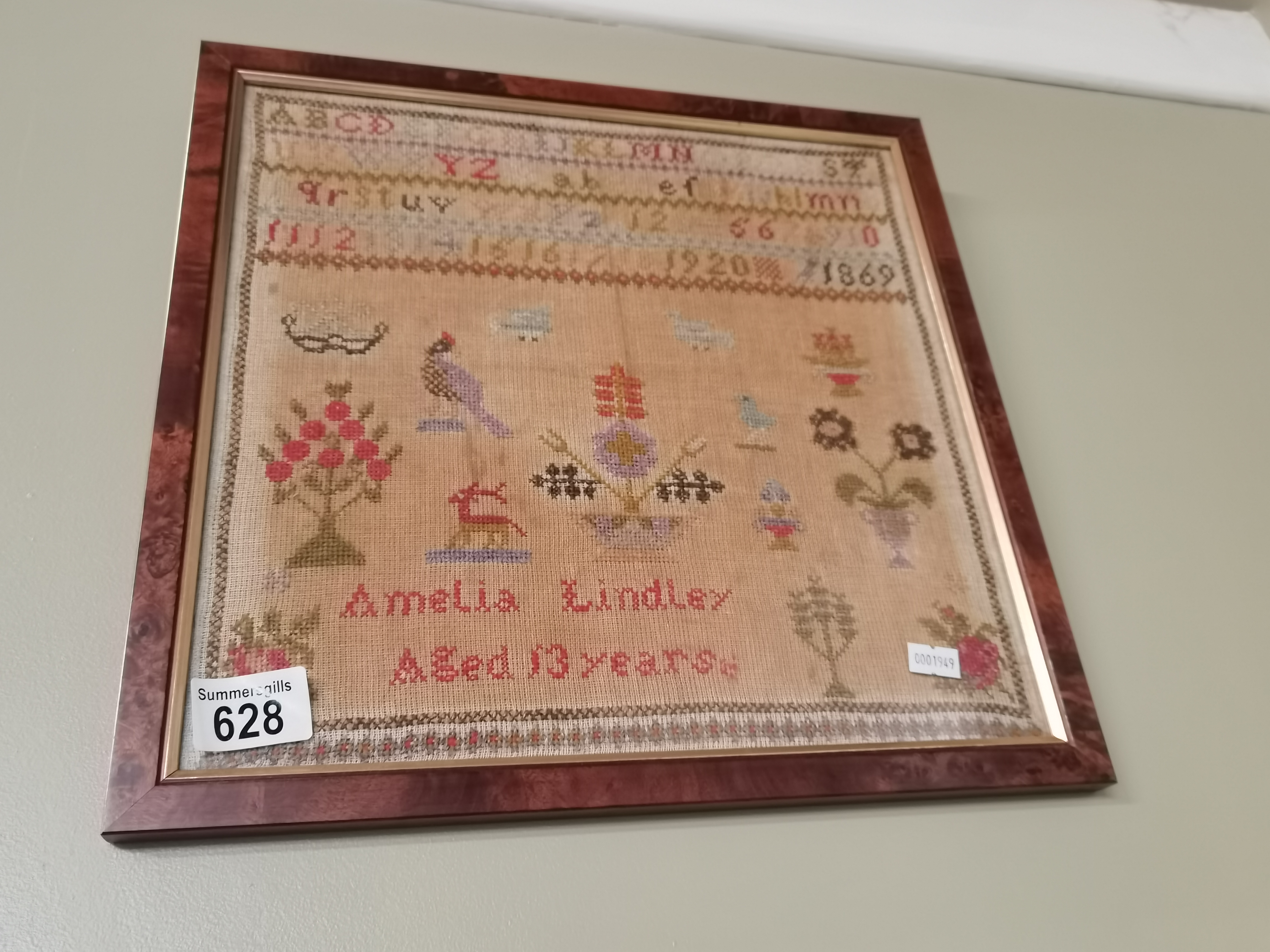 Antique framed sampler Amelia Lindley aged 13 years good colours 1869