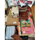 1 Box of Vintage collectors items to include dolls house brass bed, books games Leather case and bag
