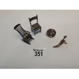 x2 Silver miniature chairs, miniature silver picture frame and a miniature silver dagger brooch.