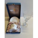 Royal Worcester ltd edition cup and saucer in display box plus crystal goblet Margaret Thatcher
