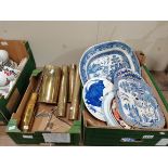 2 Boxes 1 Containing Blue and White Pottery and 1 Containing Brass Shells