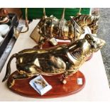A Heavy Brass Bull and Horse on Wooden Plinth