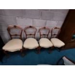 x4 Victorian walnut balloon backed chairs with yellow covered seats