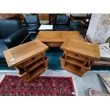 x2 oak side tables with magazine rack on side plus oak coffee table with slide opening top