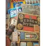 2 Boxes Containing Enamel Signs, Match Boxes, Old Tins and Stoneware Bottles