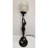 Lady Figure Art Deco style Bonze effect lamp with crackle glass globe
