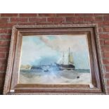 Framed oil on canvas of ships at sea