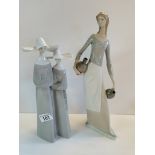 X2 Lladro figures 2 Nuns H32cm and Tall Girl with water jugs H40cm - good condition