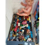 Box of Die-cast cars and collection of key rings Plus Doll