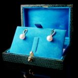 A PAIR OF 14CT GOLD, PEARL AND DIAMOND DROP EARRINGS Boxed. (approx diamond 0.07ct)