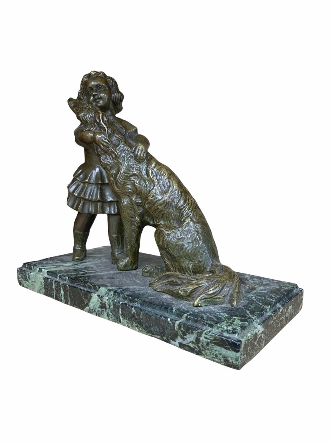 J. FOES, BRONZE FIGURE, GIRL STANDING WITH DOG Raised on a marble plinth base, signed. (h 28cm x d - Image 4 of 4