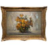 FOLLOWER OF FRANS MORTELMANS, 1865 - 1936, LARGE OIL ON PANEL Still life, sunflowers in a vase,