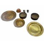 A COLLECTION OF 19TH CENTURY BRONZE AND BRASS WARE To include jelly mould, a pair of wall pockets,