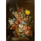18TH CENTURY CONTINENTAL OIL ON CANVAS, STILL LIFE, FLOWERS IN AN URN ON A STONE LEDGE WITH PARROT