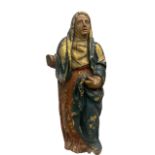 A LARGE 17TH/18TH CENTURY CONTINENTAL RELIGIOUS CARVED WOOD POLYCHROME AND GILDED FIGURE, THE VIRGIN