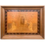 AN EARLY 20TH CENTURY REGENCY DESIGN MARQUETRY SPECIMEN WOOD PANEL With a Neoclassical temple scene,