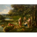 17TH/18TH CENTURY CONTINENTAL OIL ON CANVAS, A GROUP OF SHEPHERD AND SHEPHERDESS PLAYING FLUTES WITH