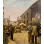 A 19TH CENTURY OIL ON PANEL MARKET SCENE WITH FIGURES signed and dated lower right 1890