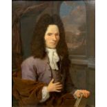 A 17TH CENTURY OIL ON CANVAS, PORTRAIT OF A GENTLEMAN HOLDING A BOOK Before an arch window, with a