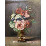 A 19TH CENTURY OIL ON CANVAS, STILL LIFE, FLOWERS IN A GLASS ON A LEDGE Signed lower left, in a