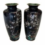 A PAIR OF JAPANESE MEIJI PERIOD SILVER WIRE CLOISONNE VASES OF SLENDER BALUSTER FORM Dark blue