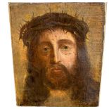 17TH CENTURY OIL ON CANVAS, HEAD OF CHRIST WITH THORN CROWN Indistinctly inscribed top right,