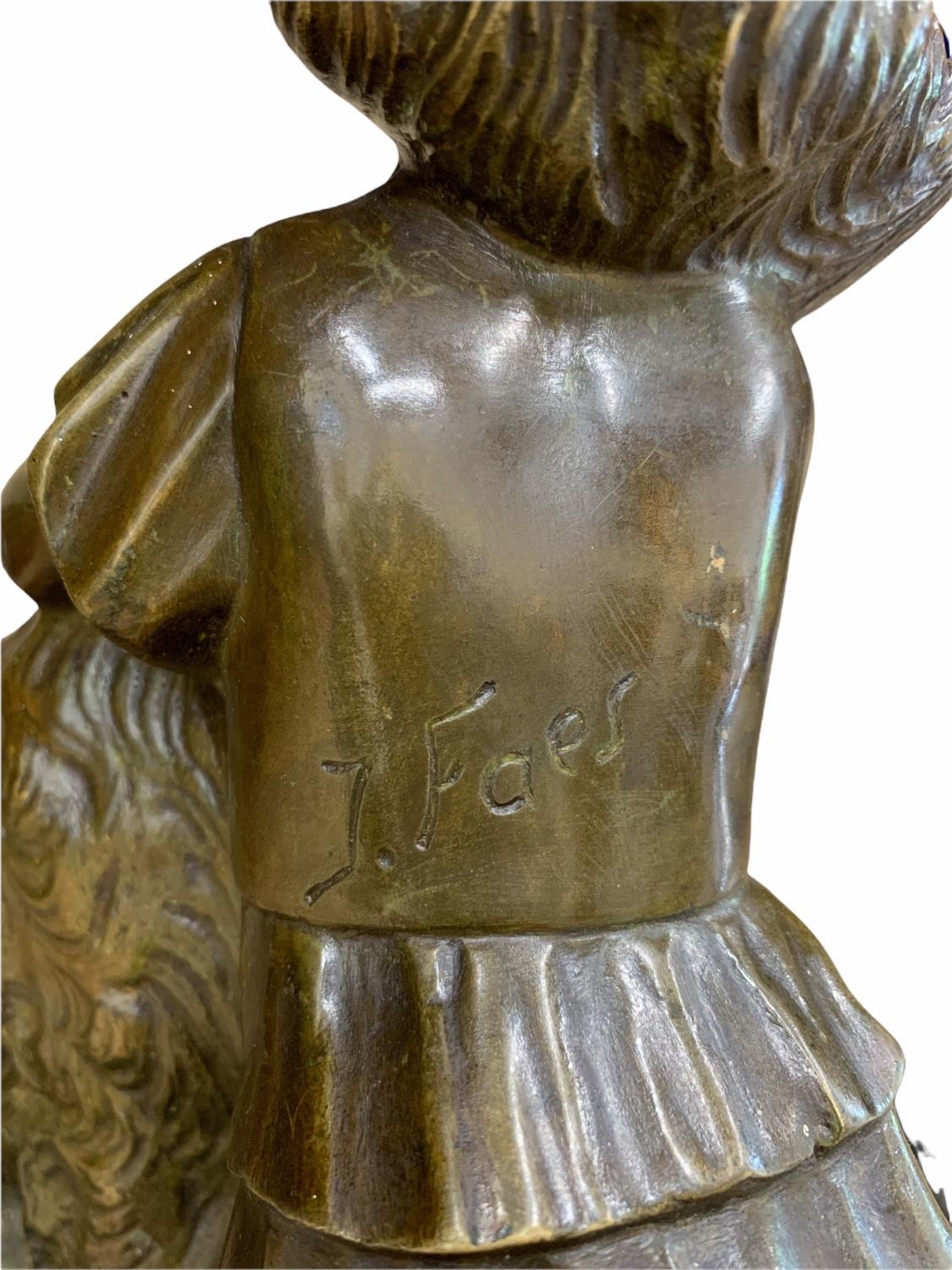 J. FOES, BRONZE FIGURE, GIRL STANDING WITH DOG Raised on a marble plinth base, signed. (h 28cm x d - Image 3 of 4