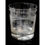 AN EARLY 19TH CENTURY SUNDERLAND BRIDGE GLASS TUMBLER Engraved and etched with a galleon sailing