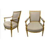 A PAIR OF GEORGE III CARVED GILTWOOD ARMCHAIRS The padded arms terminating on a twist fluted