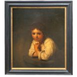 AFTER REMBRANDT, 18TH CENTURY OIL ON CANVAS Portrait girl leaning on a windowsill, framed and re-