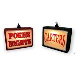 TWO DECORATIVE PAINTED WOOD LIGHT UP BOX ADVERTISING SIGNS 'Carters' and 'Poker Nights'. (h 24cm x d