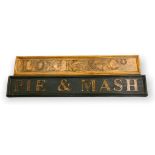 TWO DECORATIVE PAINTED WOOD SHOP ADVERTISING SIGNS 'Locke & Co.' and 'Pie & Mash'. (h 22cm x d 5cm x