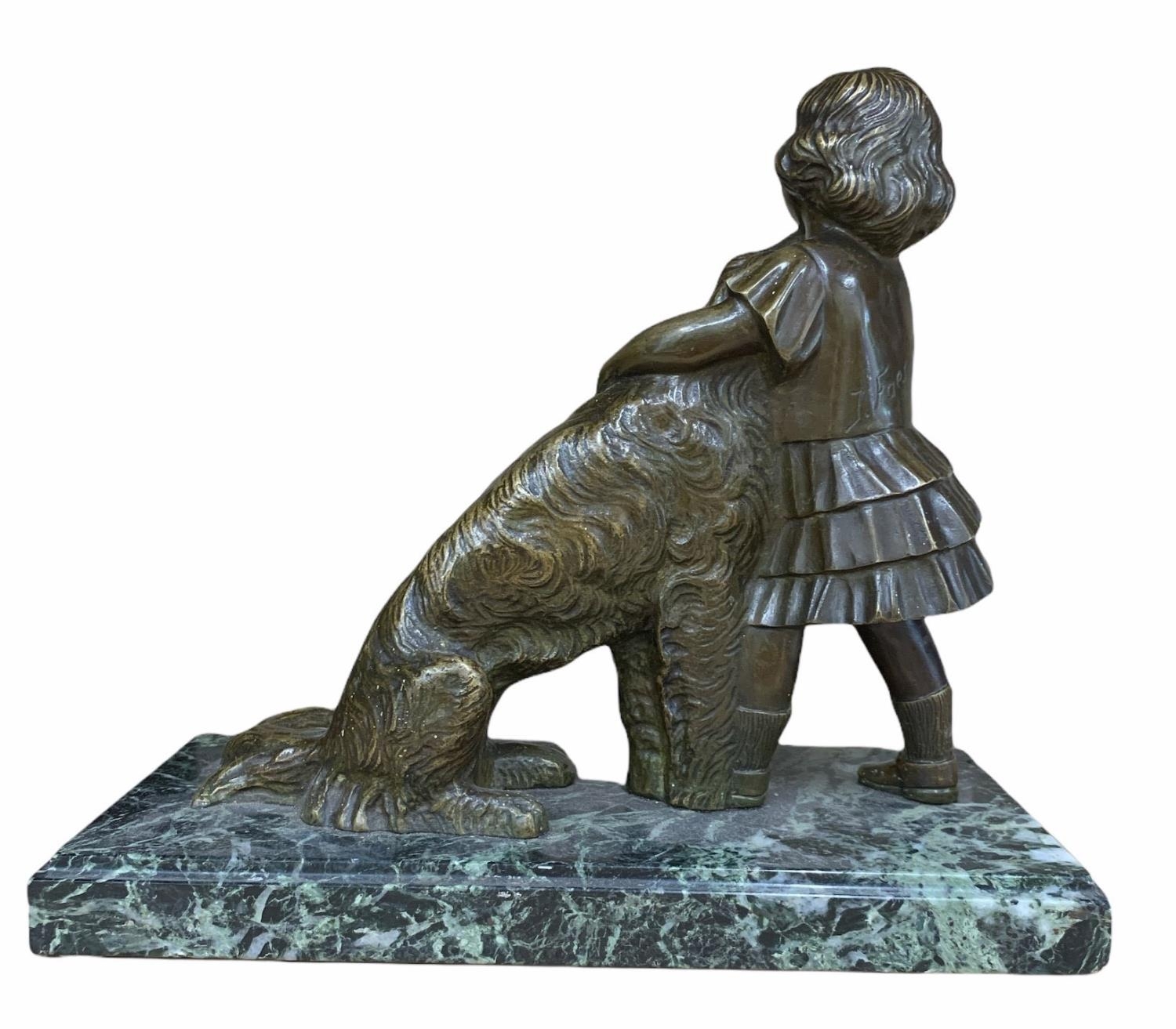 J. FOES, BRONZE FIGURE, GIRL STANDING WITH DOG Raised on a marble plinth base, signed. (h 28cm x d - Image 2 of 4