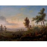 ATTRIBUTED TO ABRAHAM PETHER, 1756 - 1812, OIL ON PANEL Sunset landscape, with figures and cattle,