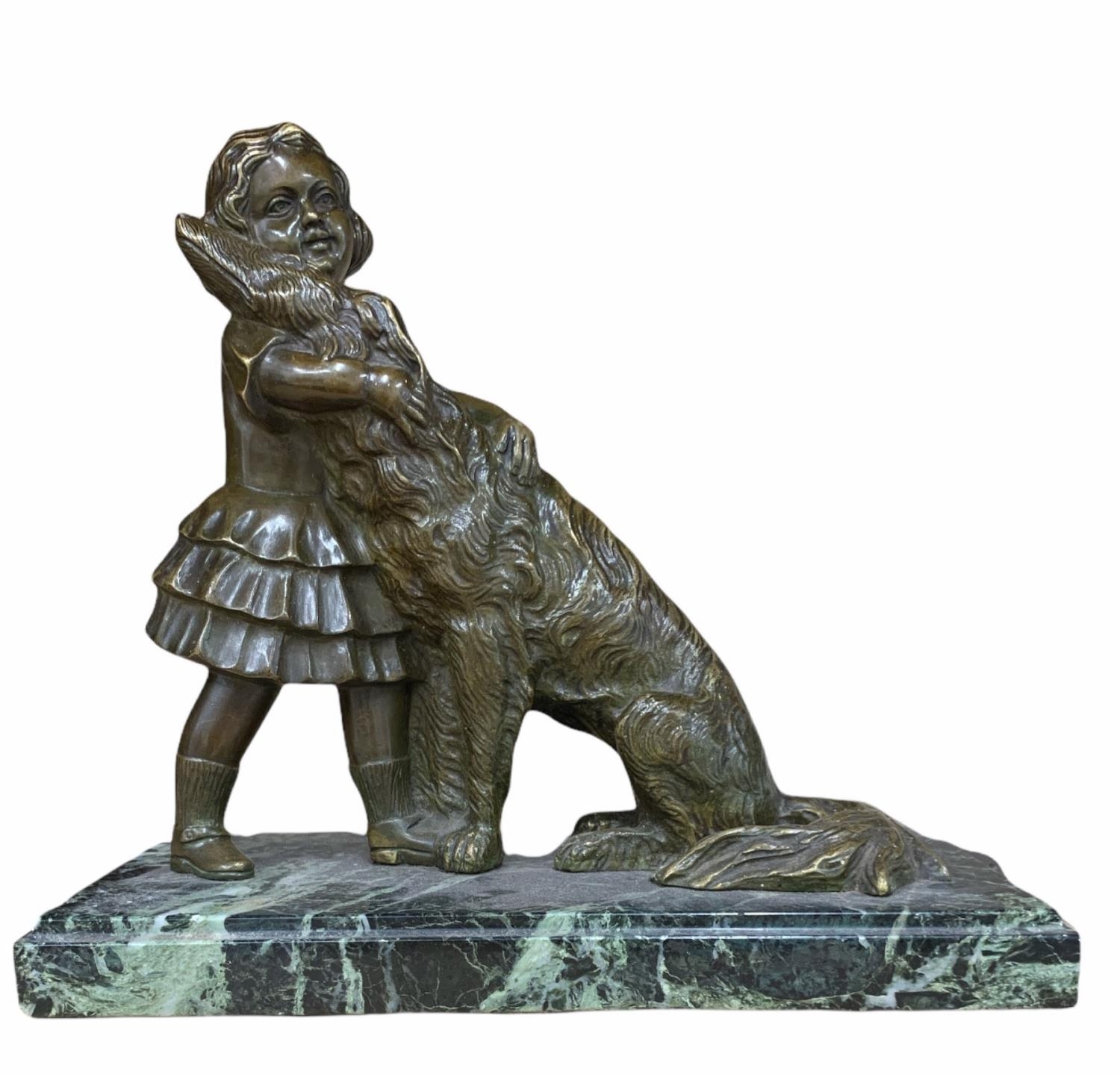 J. FOES, BRONZE FIGURE, GIRL STANDING WITH DOG Raised on a marble plinth base, signed. (h 28cm x d